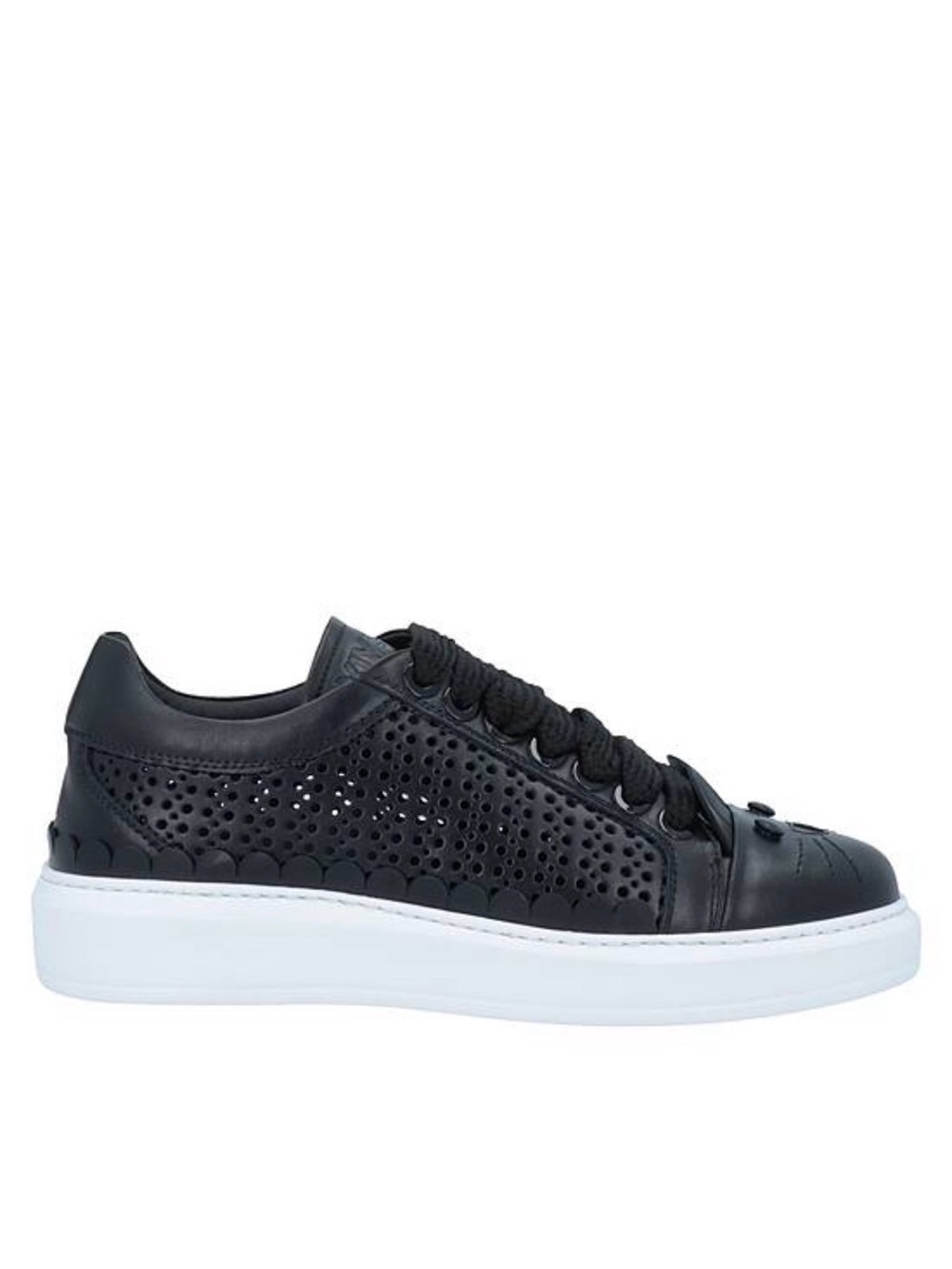 Perforated Black Leather Cat Women's Sneaker with White Platform Sole